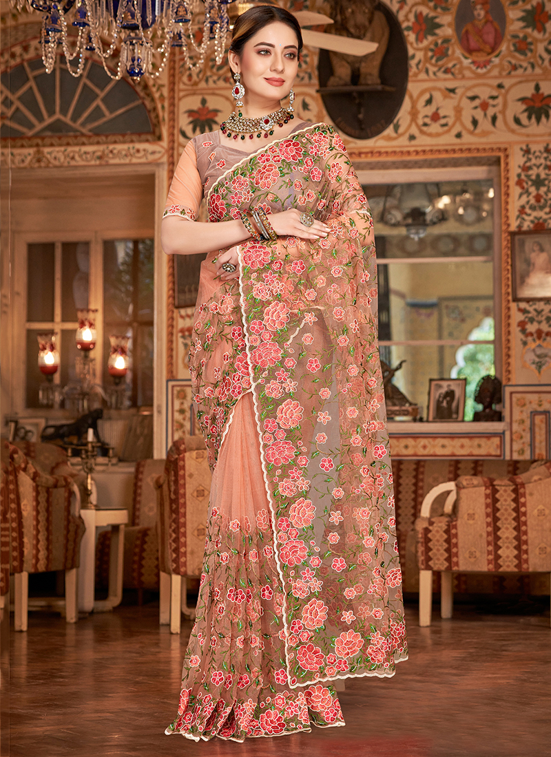 Buy Dusty Peach Net Festival Wear Resham Work Saree Online From