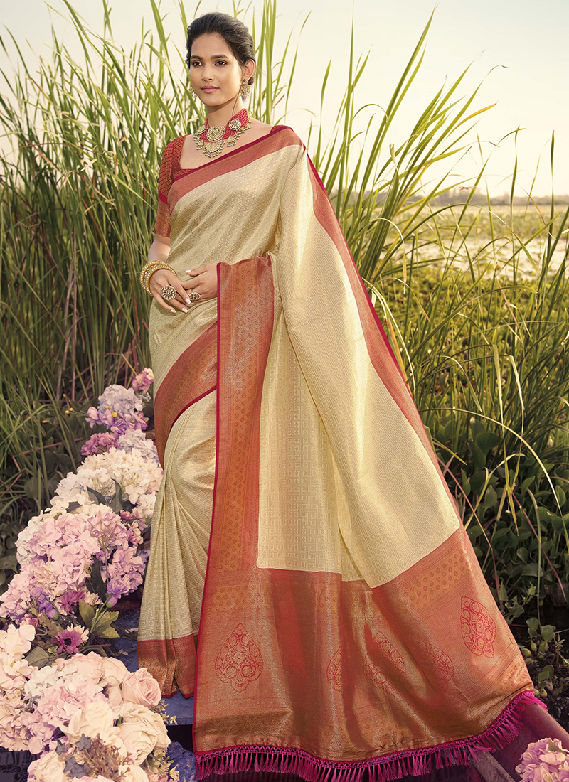 Buy Cream Silk Festival Wear Kanjivaram Saree Online From ...