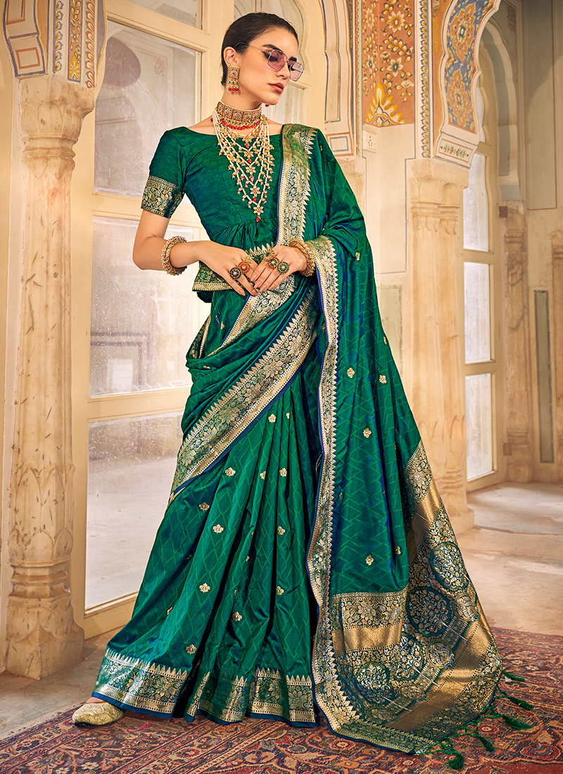 Women Green Pure Silk Woven Zari Design Saree With Unstitched Blouse