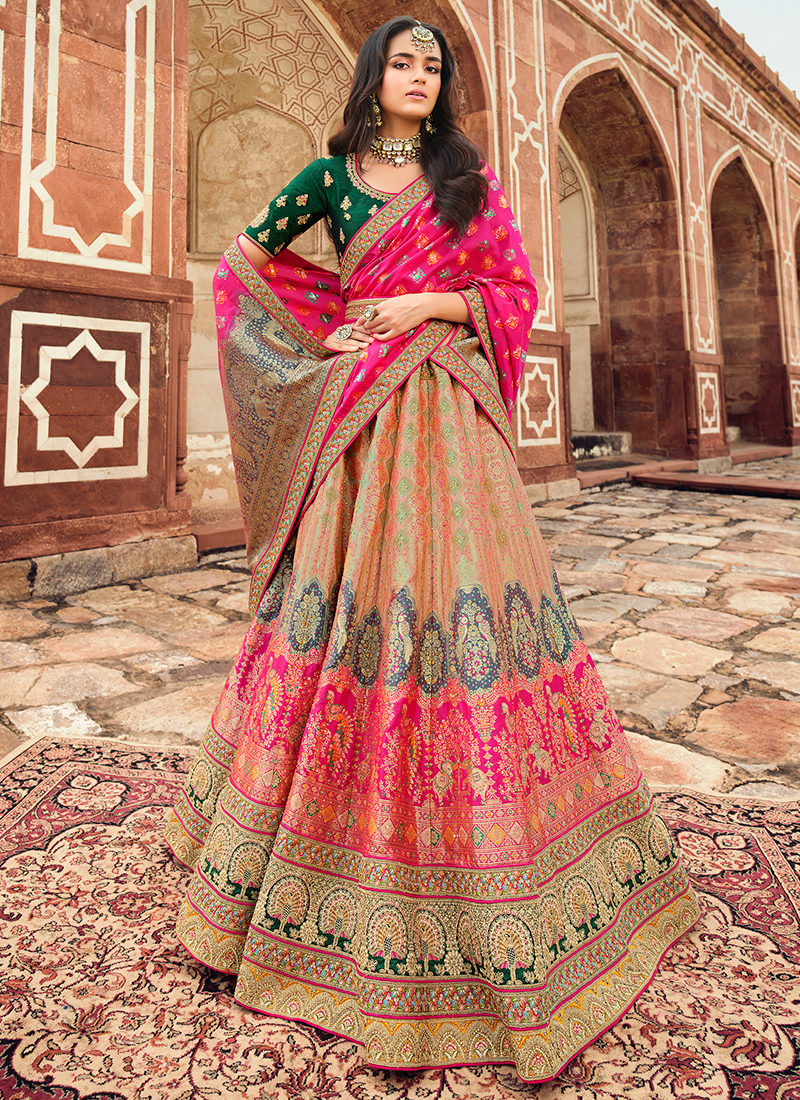 Buy Multi Colour Banarasi Silk Bridal Wear Hand Work Lehenga ...