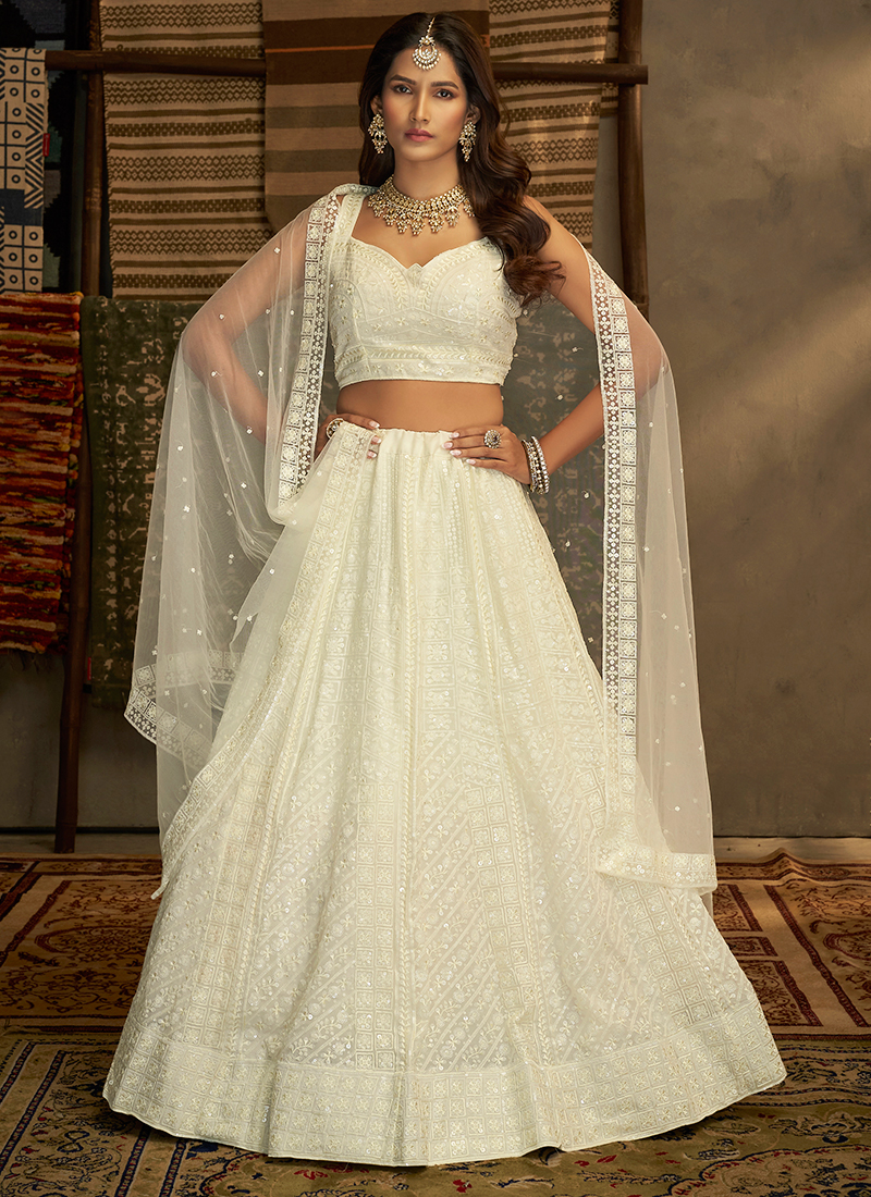 White Georgette Wedding Wear Sequins Work Lehenga Choli EUOPHORIA9 32004