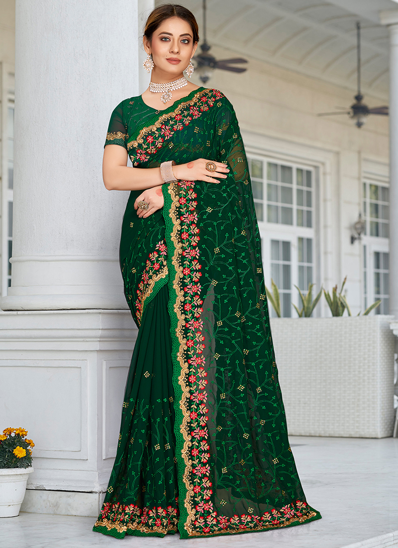 Buy Bottle Green Banarasi Khaddi Weaved Georgette Saree with Unstitched  Blouse online