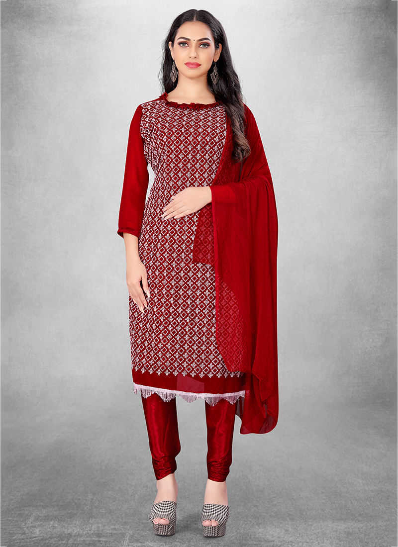 Feminine Red Color Heavy Satin Georgette With Embroidery Work Salwar Suit