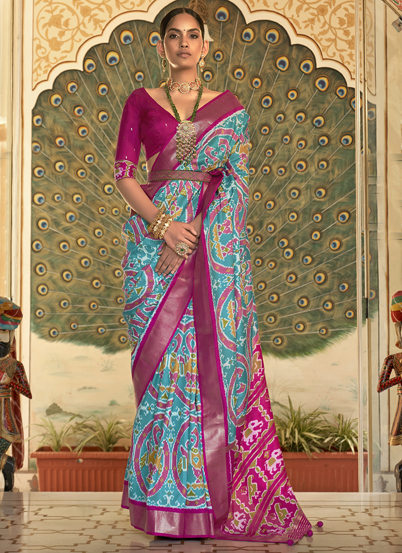 Blue Silk Saree With Embroidered Blouse