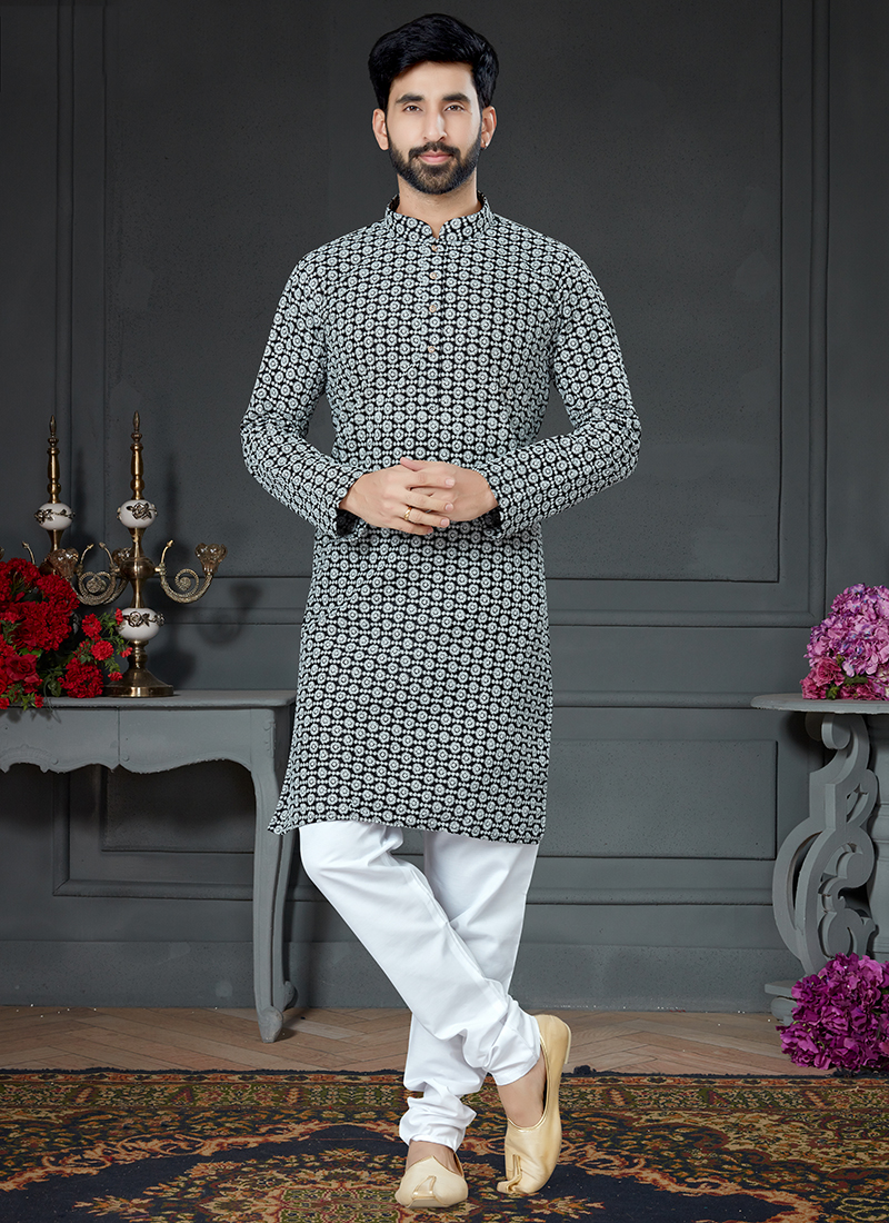 Buy Black Floral Embroidered Cotton Mens Kurta Online