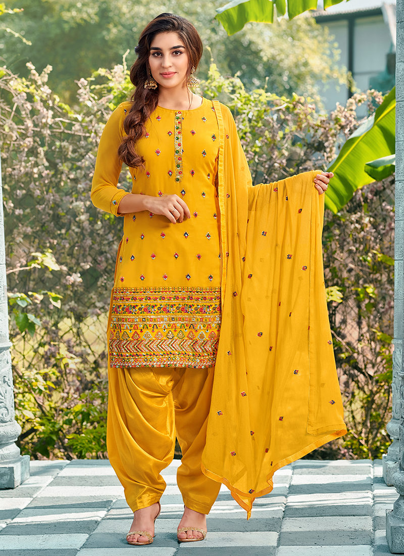 Buy Yellow Faux Georgette Traditional Wear Sequins Work Patiyala ...