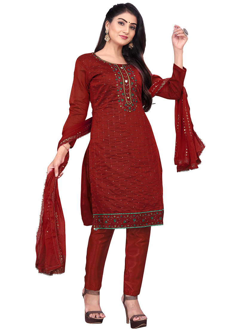 Buy MAROON Chanderi Cotton Casual Wear Embroidery Work Salwar Suit