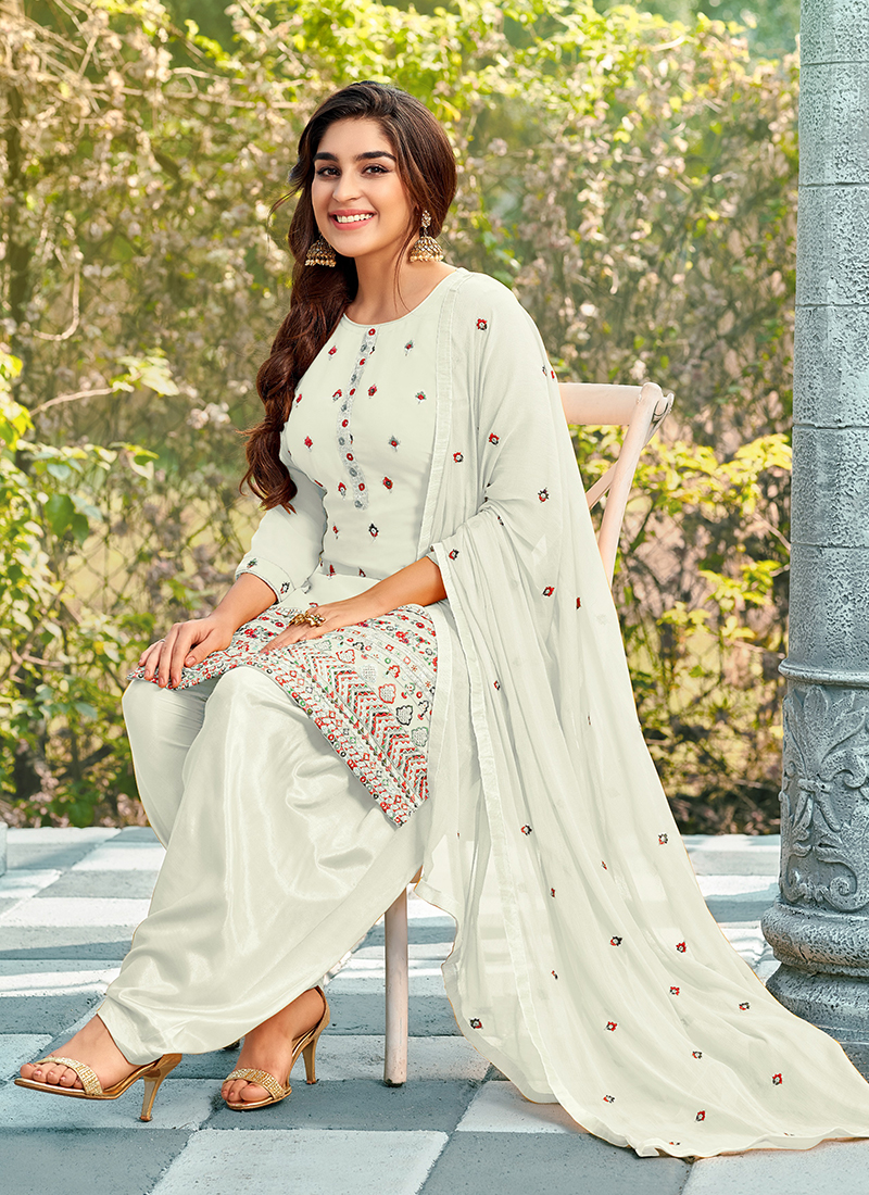 Buy White Faux Georgette Traditional Wear Embroidery Work ...