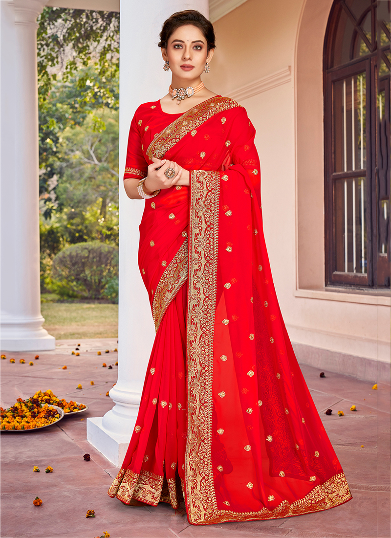 Buy Red Georgette Traditional Wear Embroidery Work Saree Online ...