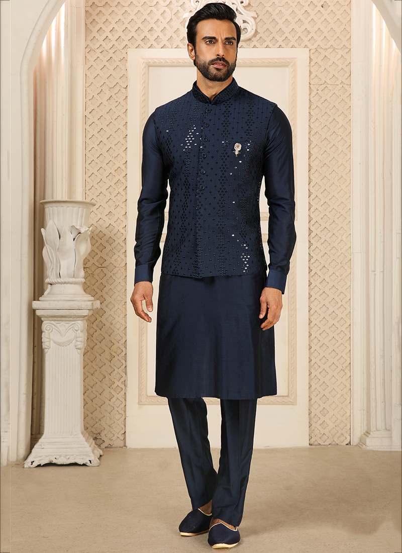 Buy Navy Blue Art Silk Reception Wear Mirror Work Aligadhi Pcs