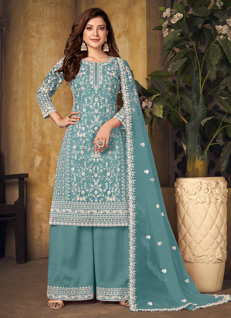 Buy Sky Blue Net Festival Wear Coding Work Palazzo Suit Online