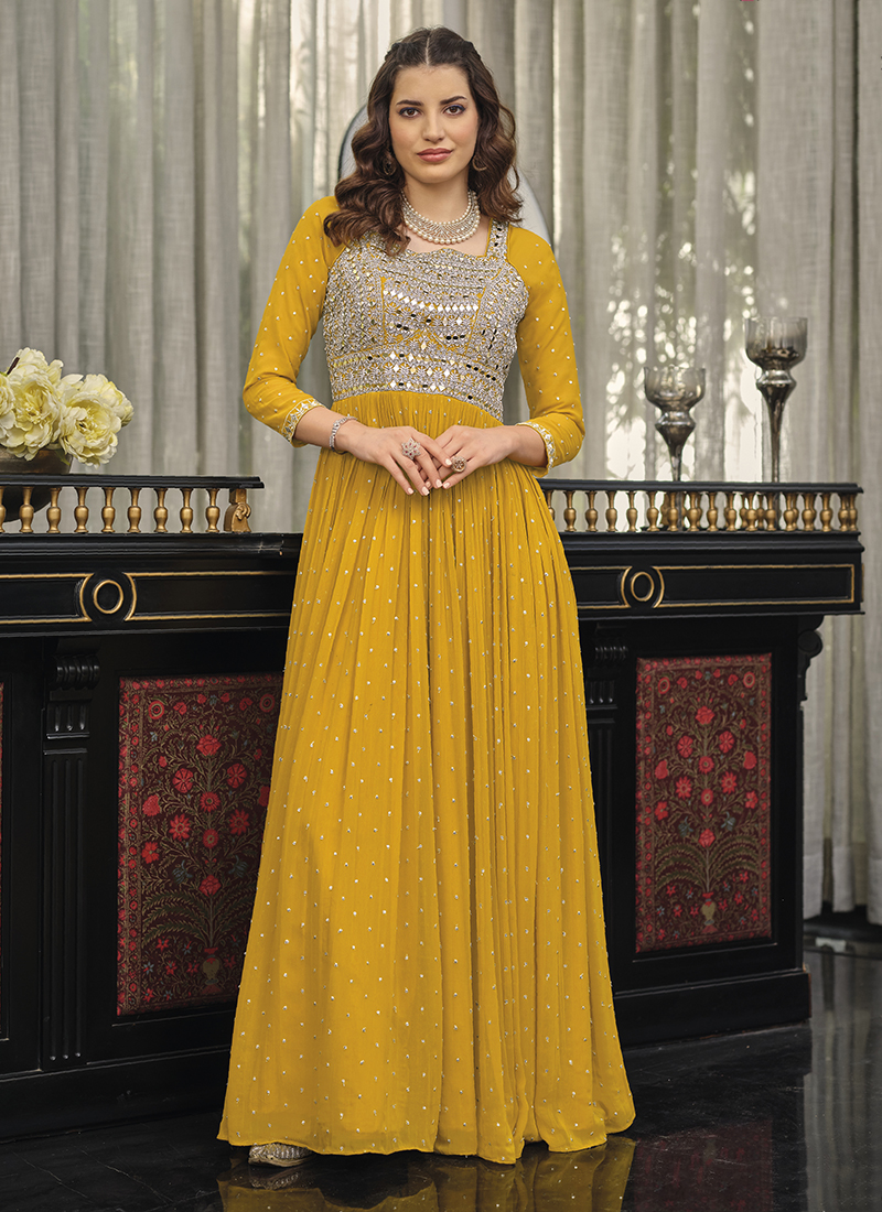Bright Yellow Heavy Embellished Designer Indo Western Maxi Gown - Indian  Heavy Anarkali Lehenga Gowns Sharara Sarees Pakistani Dresses in  USA/UK/Canada/UAE - IndiaBoulevard