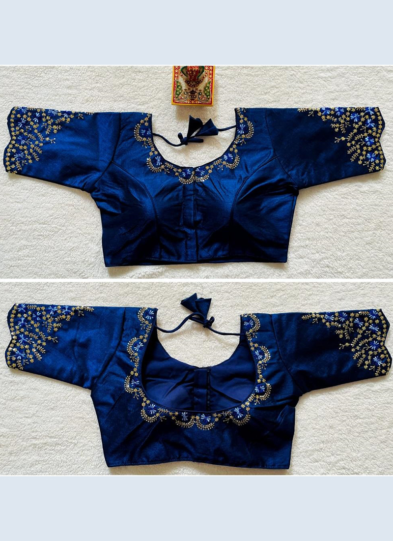 Buy Navy blue Phantom Silk Festival Wear Embroidery Work Blouse ...