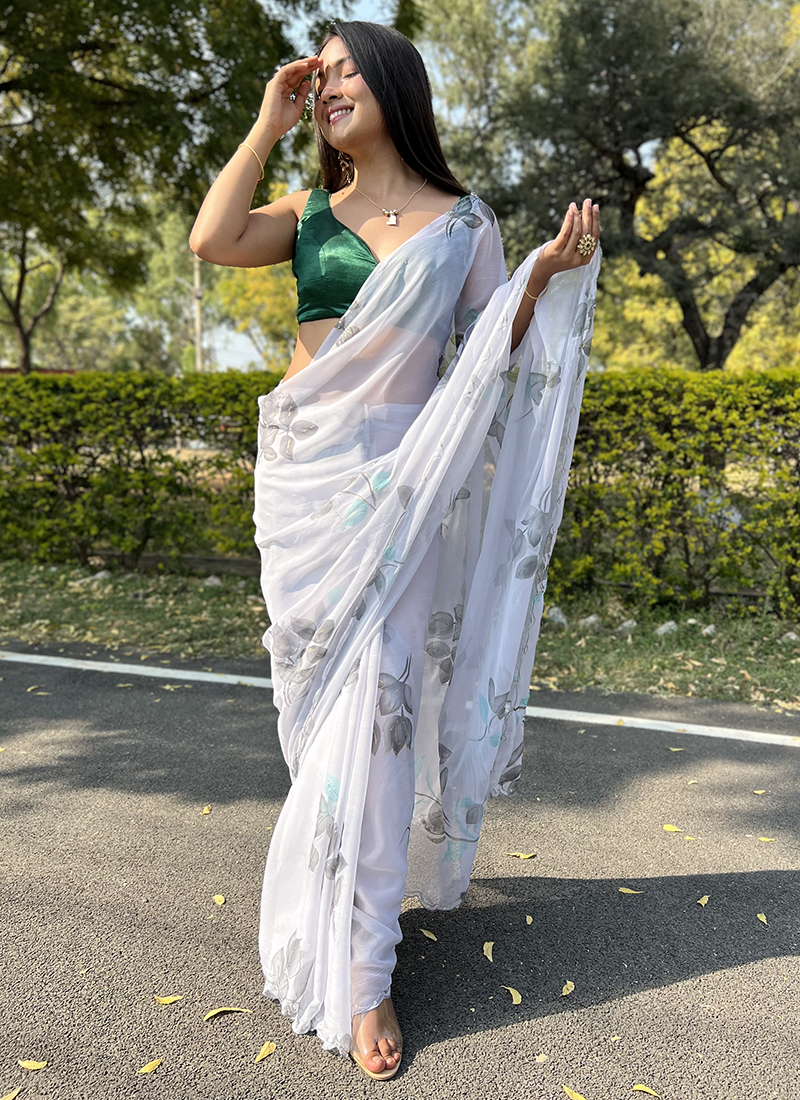 white saree chiffon