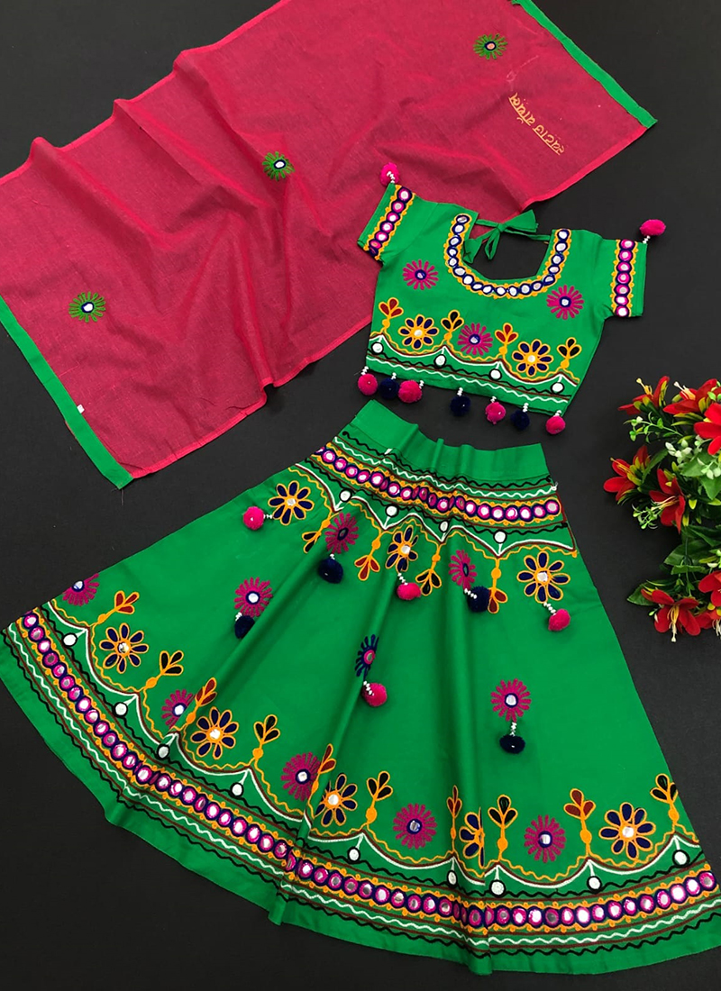 Green Pure Cotton Traditional Wear Mirror Work Kids Lehenga Choli ARH5 6