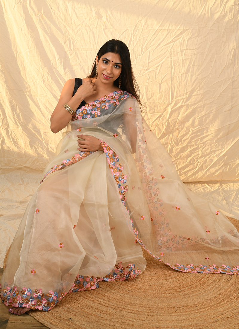 Buy Beige Organza Silk Festival Wear Embroidery Work Saree Online From  Wholesale Salwar.