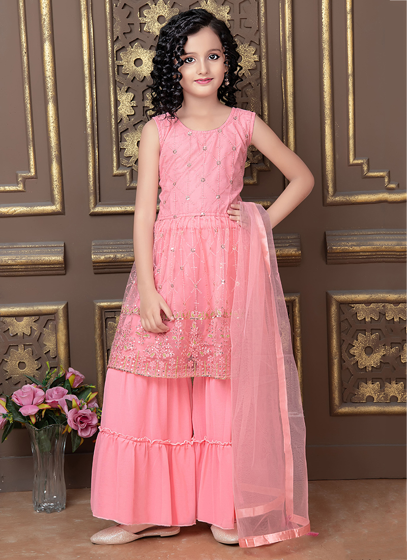 Buy Pink Soft Net Party Wear Sequins Work Kids Sharara Suit ...