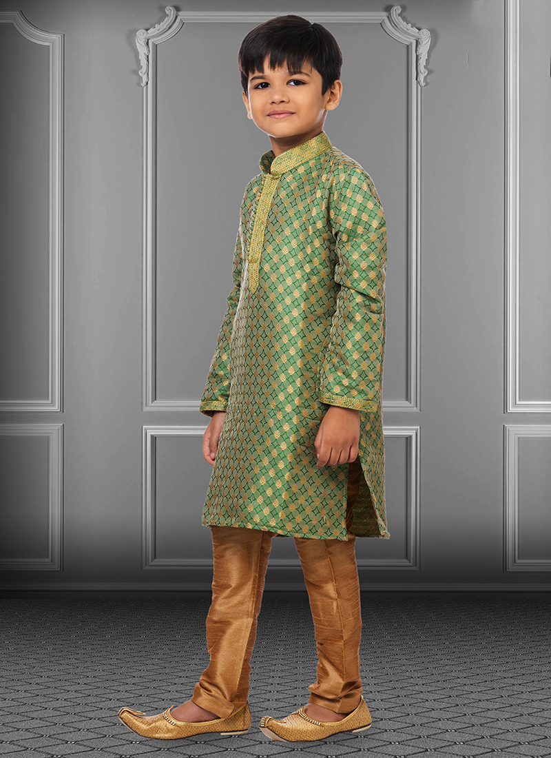 Green Jacquard Silk Festival Wear Weaving Kids Kurta Pajama