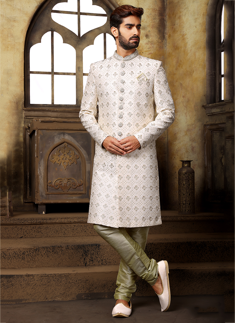 Grey Jacquard Silk Wedding Wear Indo Western Sherwani