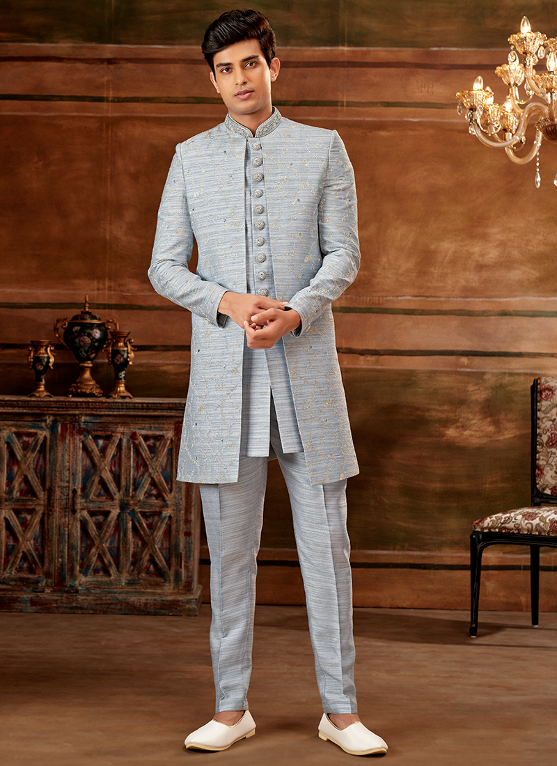 Men's Peach Nawabi Indo Western Sherwani With Art Silk Pant