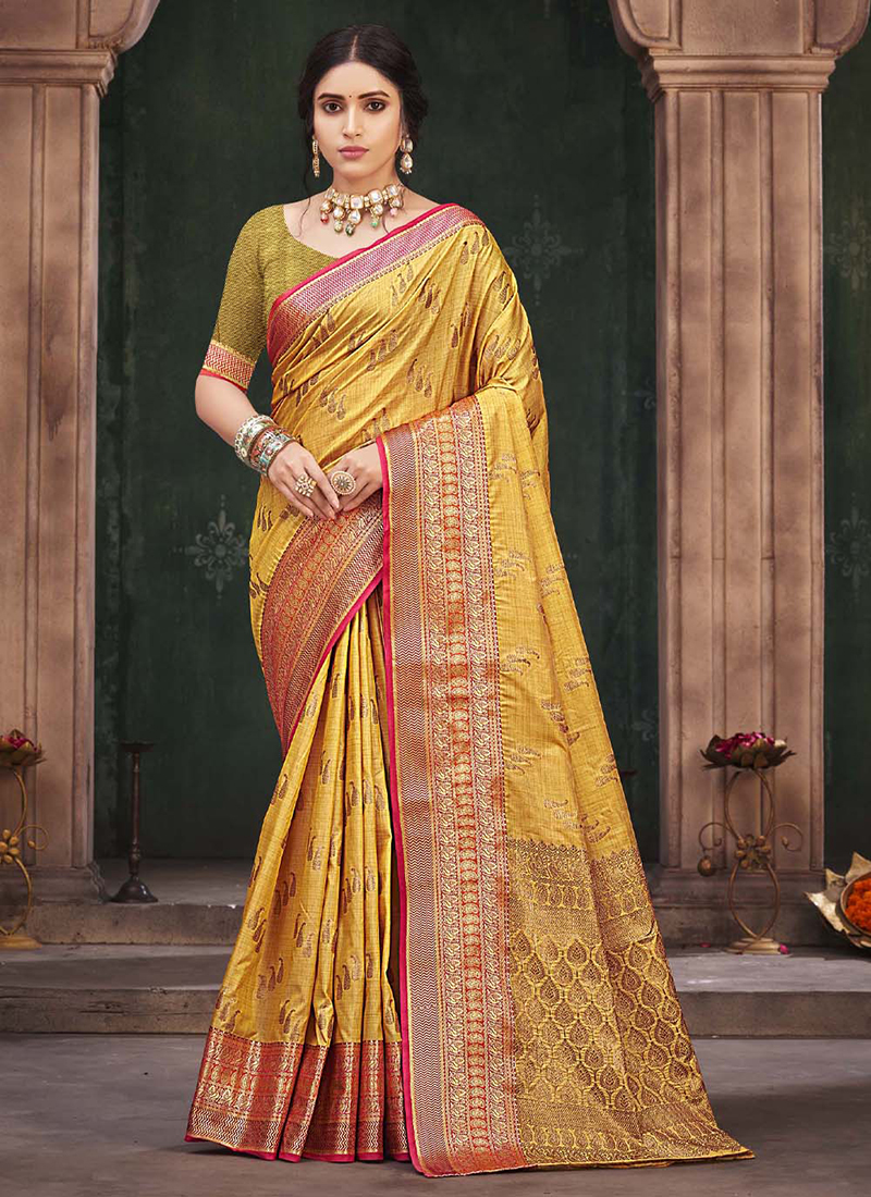 Yellow plain cotton silk saree with blouse - Shangrila Designer - 3745206