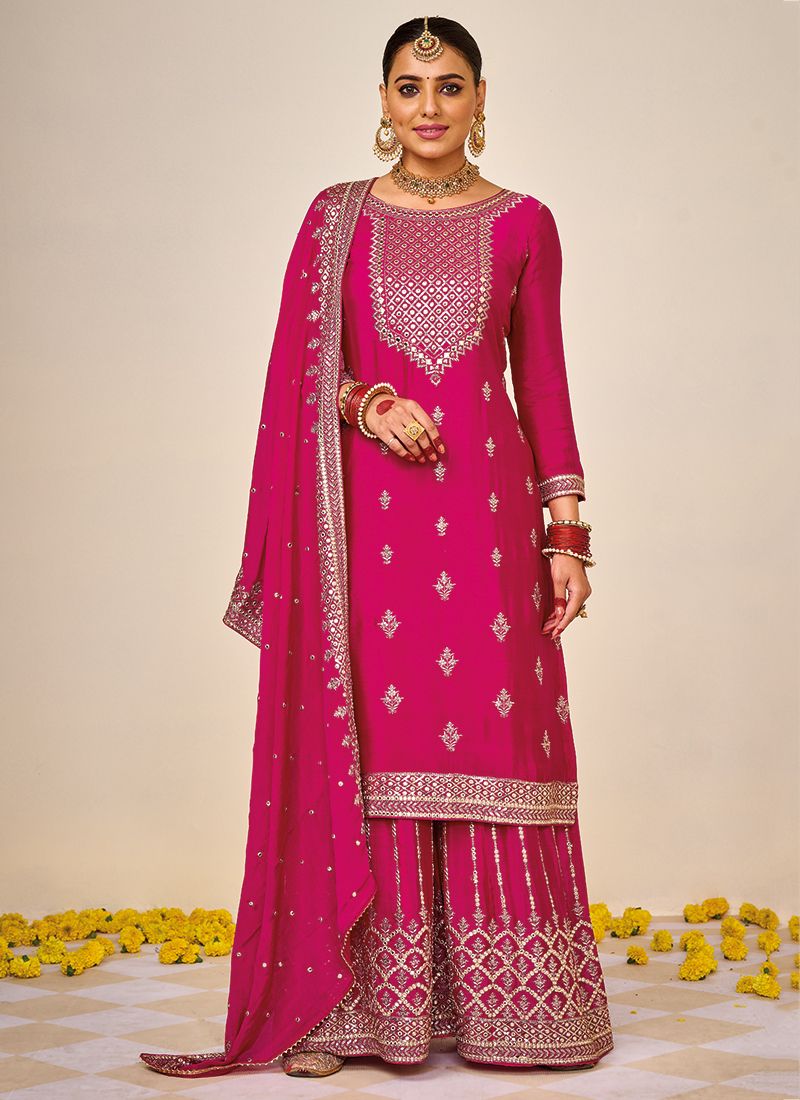 Pink Chinnon Traditional Wear Embroidery Work Sharara Suit HURMA38 1495
