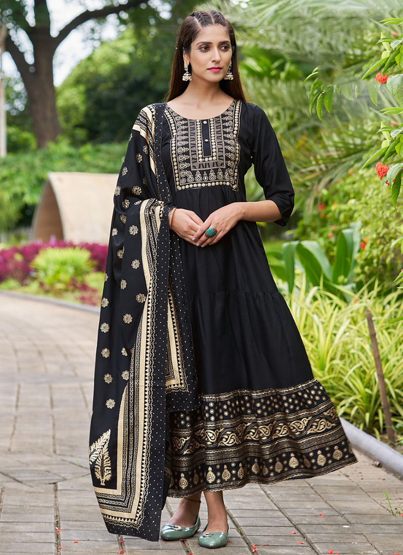 Buy Festival Wear Black Zari Work Blooming Georgette Gown With Dupatta  Online From Surat Wholesale Shop.