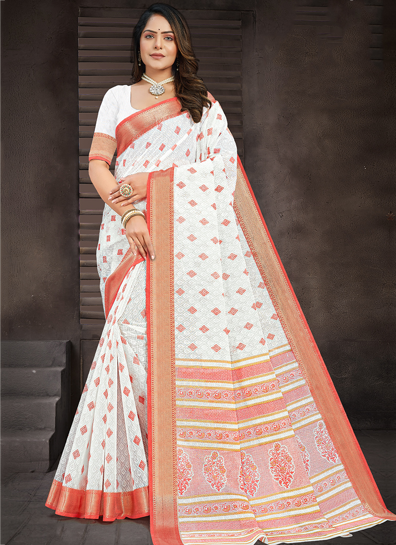 Buy Leeza Store Women's White Red Silk Blend Jacquard Self Design Golden  Zari Special Bengali Saree For Durga Puja With Unstitched Blouse Piece  Online at Best Prices in India - JioMart.