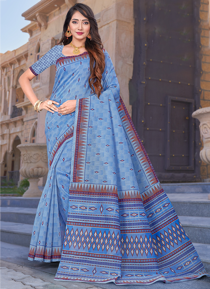 Light Blue Cotton Daily Wear Printed Saree