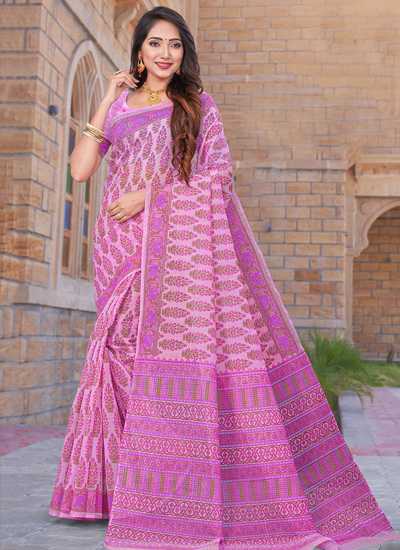 CHARUKRITI Baby Pink Cotton Saree With Unstitched Blouse