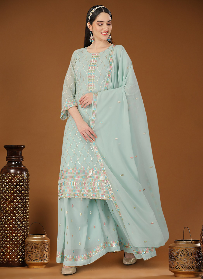 Women Sky Blue Premium Net Embroidered Traditional Palazzo Suit main image 1