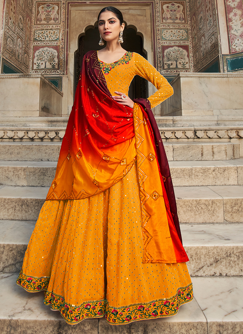 Buy Party Wear Yellow Embroidery Work Georgette Gown Online
