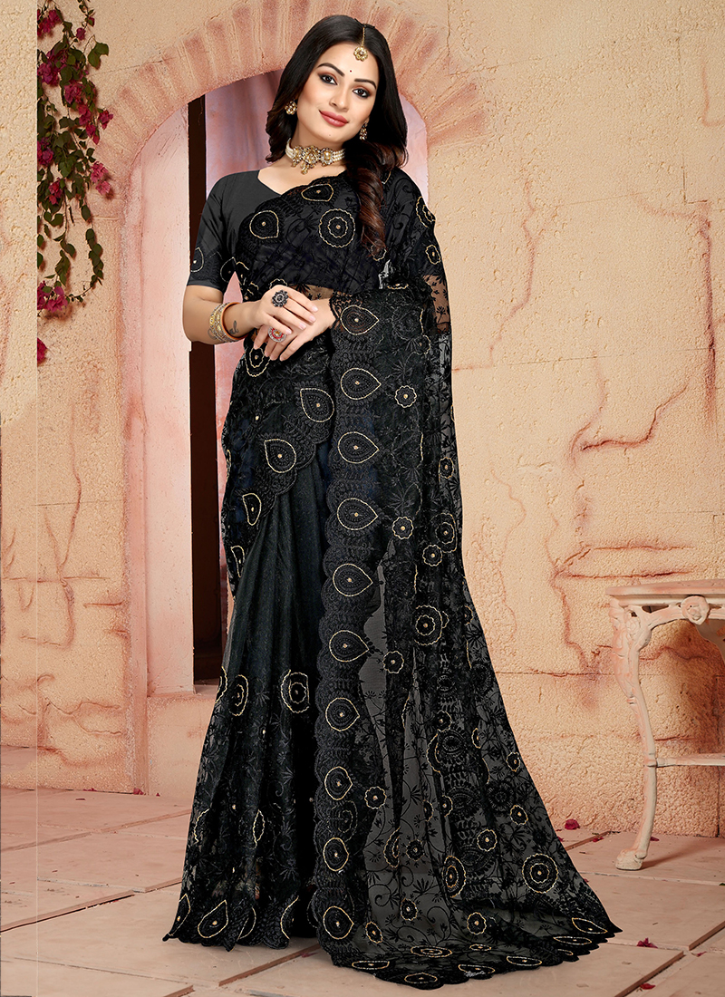 Black Phulkari Saree with Broad Golden Zari Borders, Chiffon Sari – CNP  Associates LLC