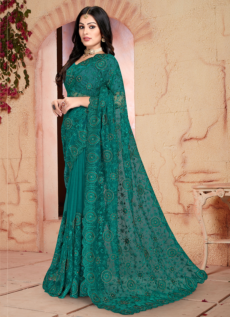 Buy Green Net Party Wear Resham Work Saree Online From Wholesale Salwar 