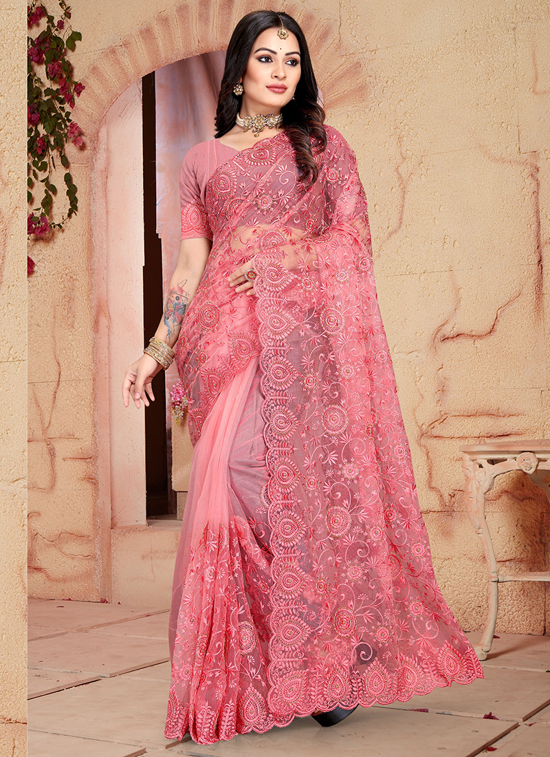 Pink Net Party Wear Resham Work Saree KAJOL 1896