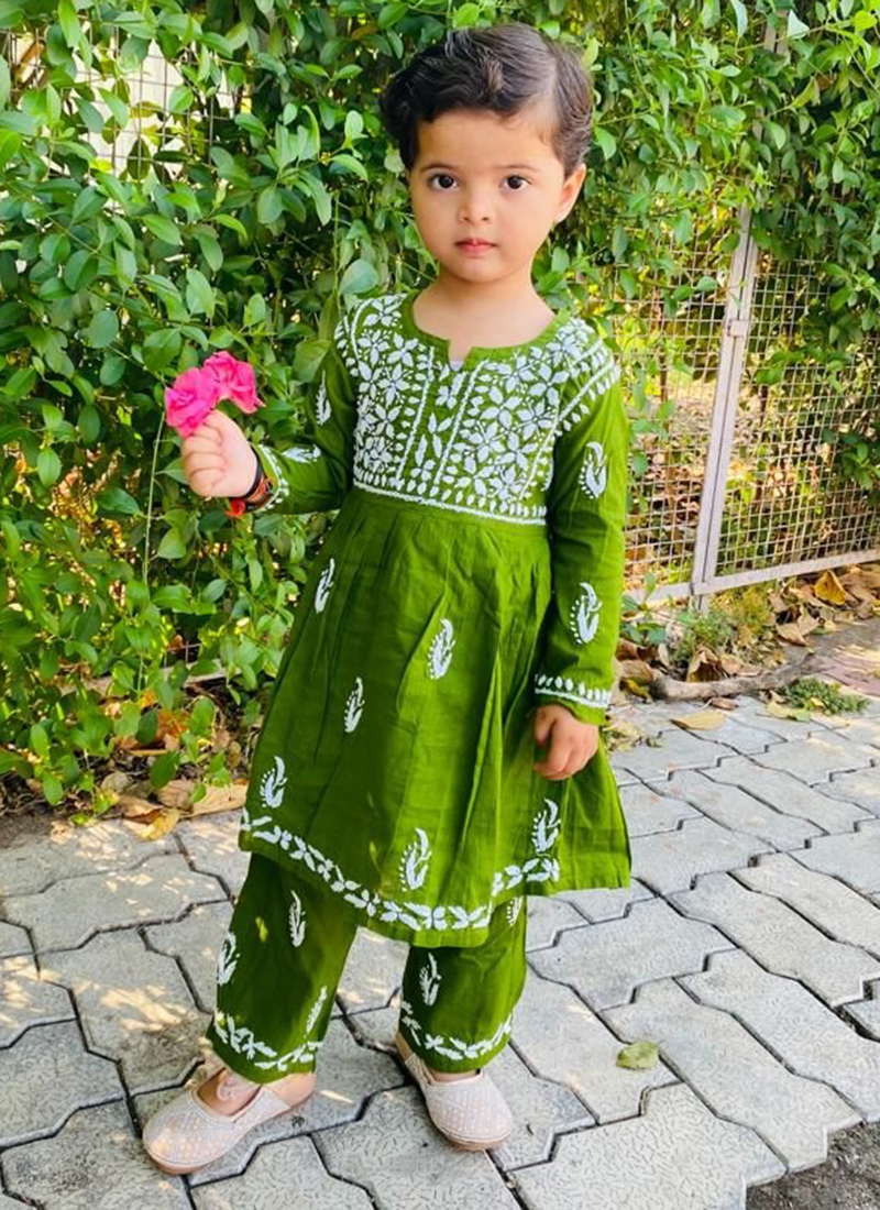 Buy Green Cotton Traditional Wear Lucknowi Kids Gown With Pant Online ...