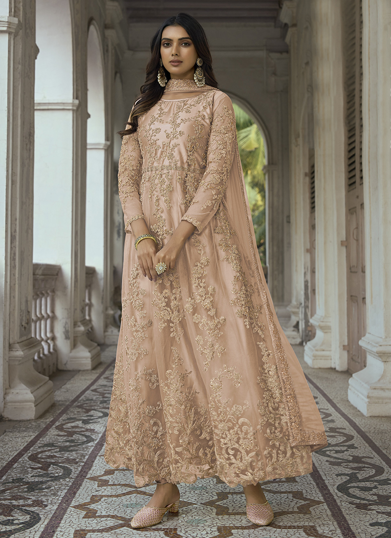 Buy Wedding Wear Pink Net Embroidery Work Designer Anarkali Suit Online