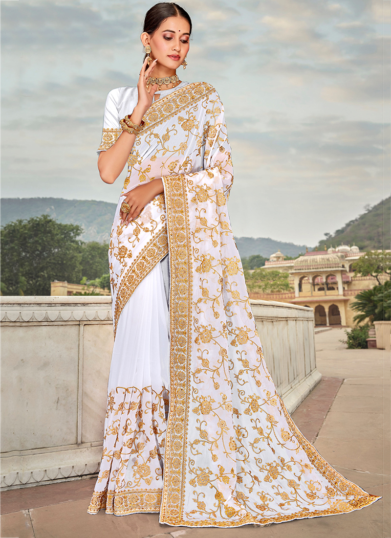 Buy White Zari Embroidery Work Georgette Saree Online