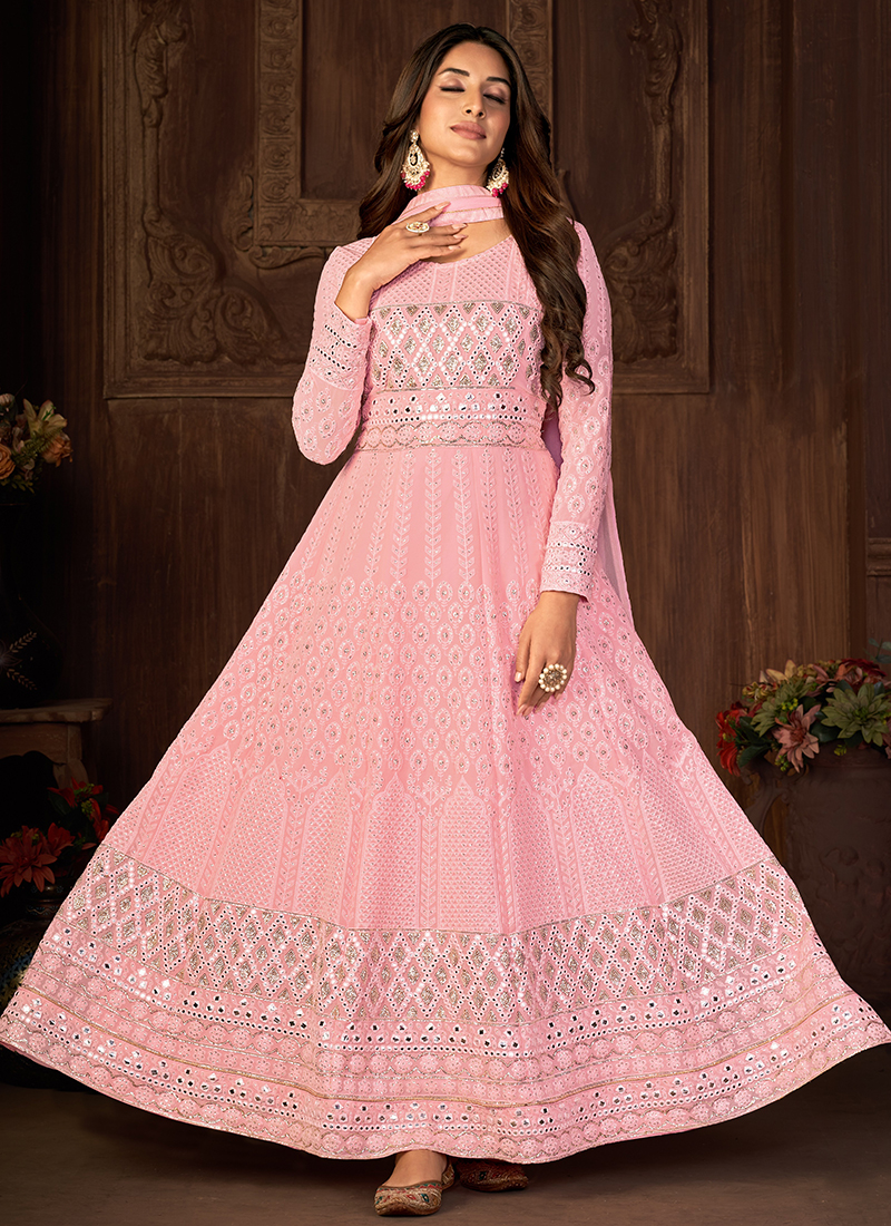 Buy Pink Faux Georgette Wedding Wear Embroidery Work Anarkali ...