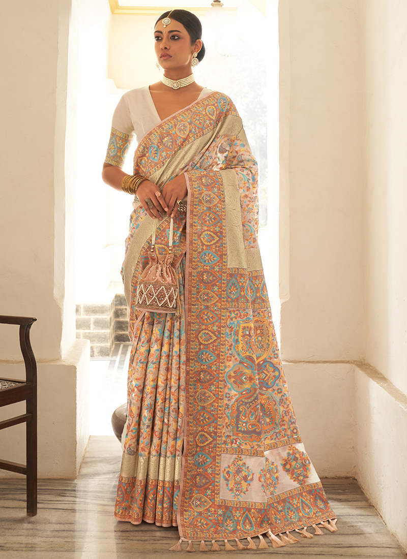 Buy Beige Pashmina Traditional Wear Kashmiri Work Saree Online From