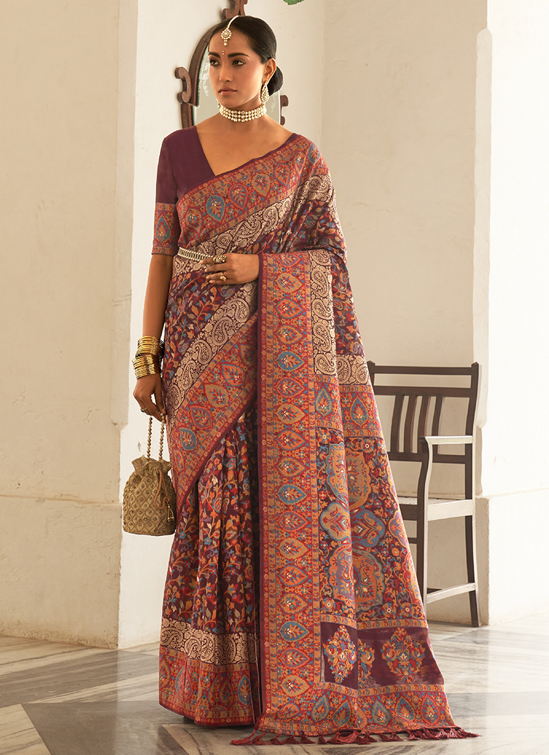 Buy Wine Pashmina Traditional Wear Kashmiri Work Saree Online From