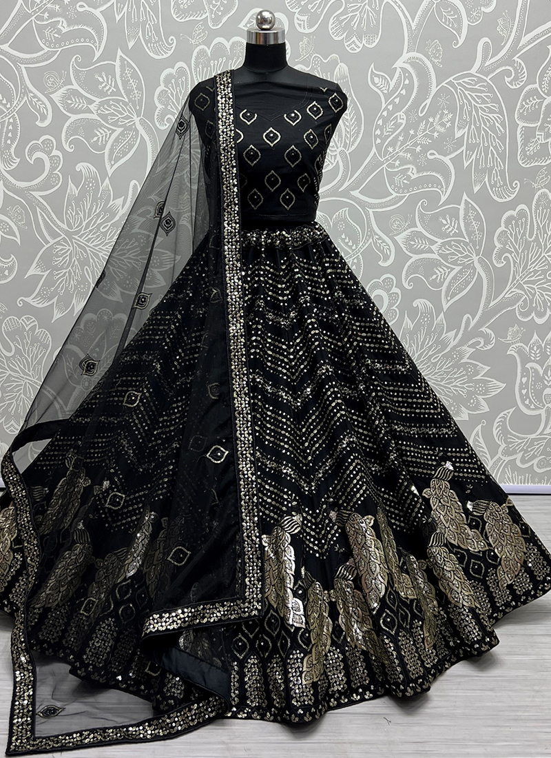 Silk Plain Black Readymade Lehenga Choli