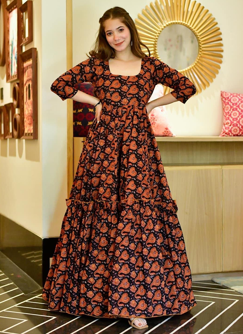 Cotton Women's A-Line Rajasthani Paisley Print Long Maxi Gown Dress - (Free  Size Upto XXL)