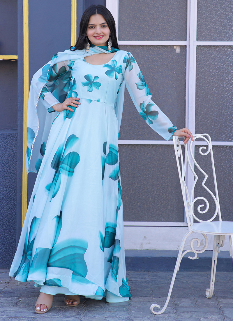 Sky Blue Tabby Silk Traditional Wear Digital Printed Gown With Dupatta Vamika12003