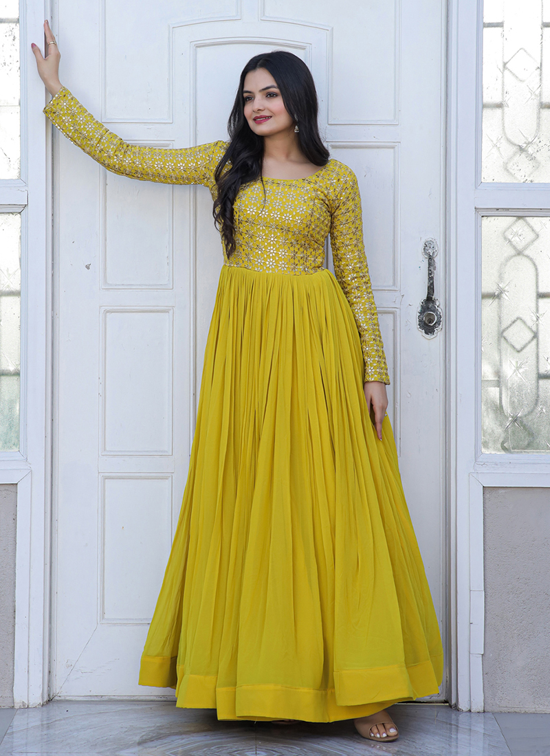 Buy Party Wear Lime Green Embroidery Work Georgette Gown With Dupatta  Online From Surat Wholesale Shop.