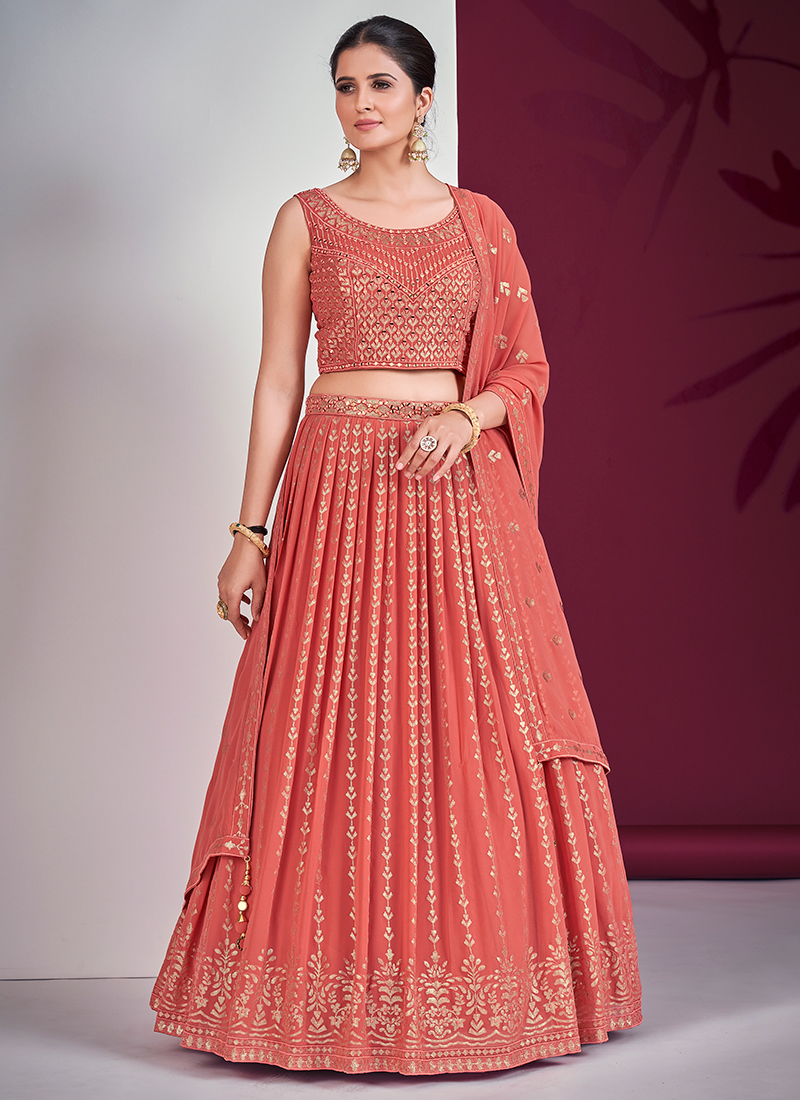 Buy Coral Georgette Wedding Wear Mirror Work Ready To Wear Lehenga