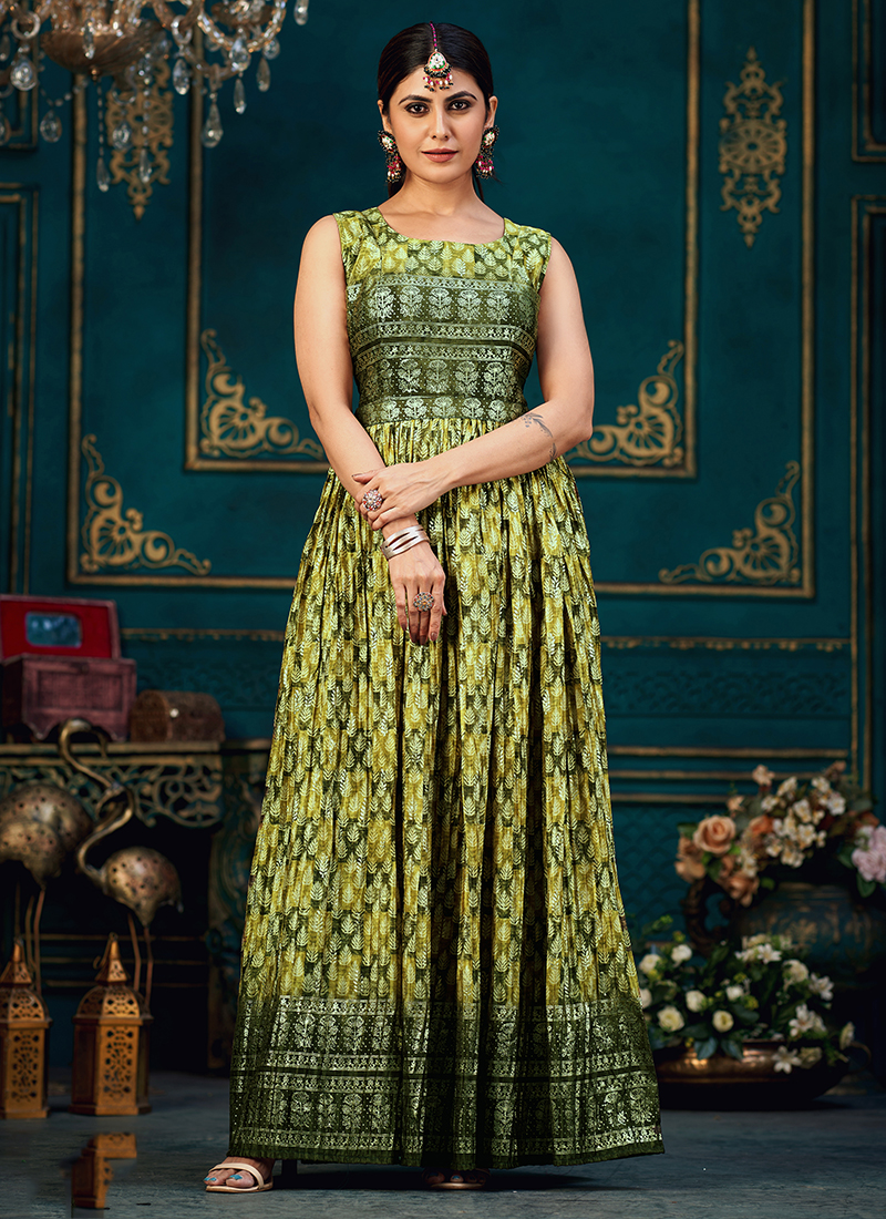 Light Green Sequence Work Readymade Anarkali Gown