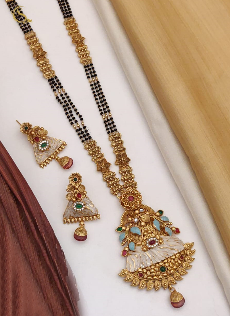 Super Antique Rajwadi Brass High Gold Long Mangalsutra set with Earrings