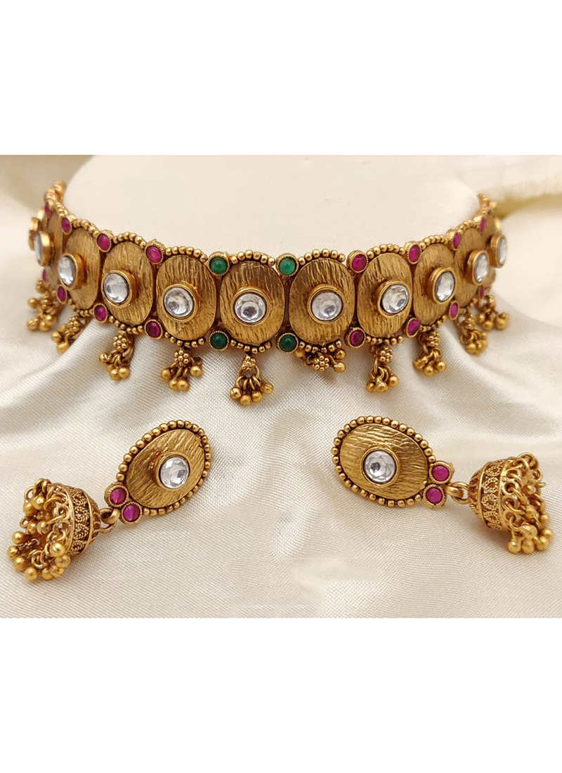 Buy New Brass High Gold Plated Antique Choker Necklace Set with