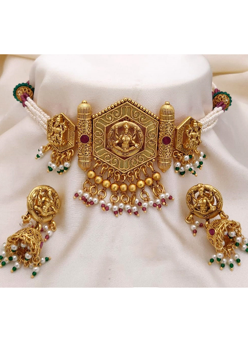 Buy Shining Brass High Gold Plated Antique Choker Necklace Set